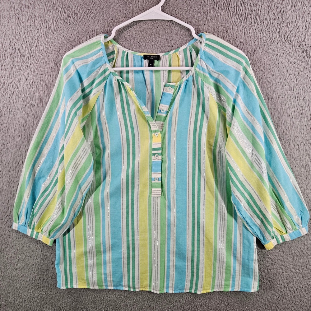 Talbots Petite Blue Green Yellow Striped Metallic Henley Blouse MP Medium Petite